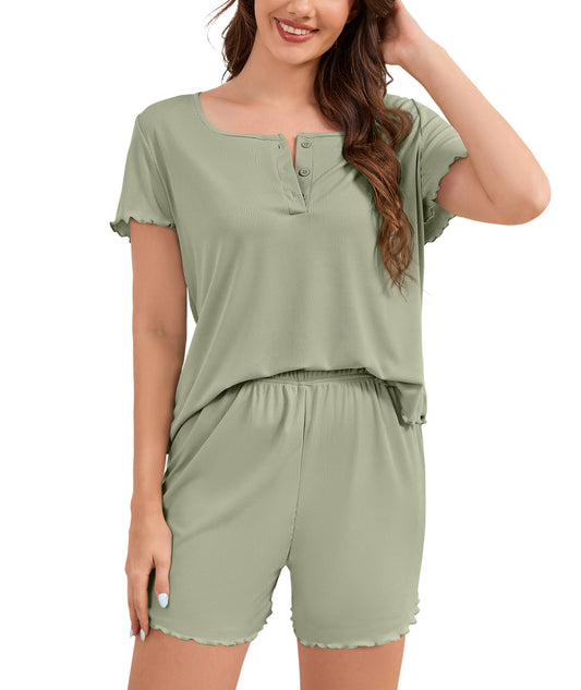 Loritta Womens Pajamas Knit Short Sleeve lounge sets 2 piece For Women Summer Green