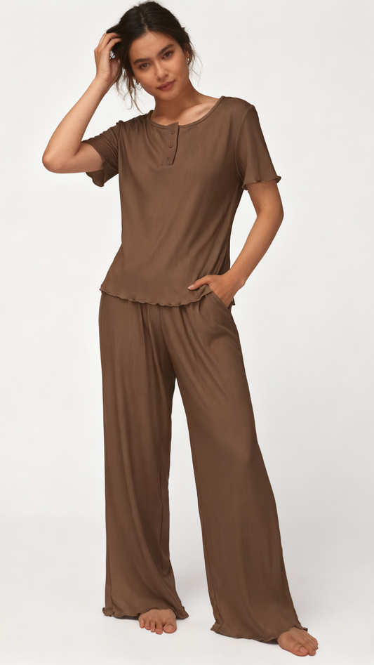 Loritta Womens Pajamas Knit Long Pants Lounge Sets 2 Piece For Women Fall Brown