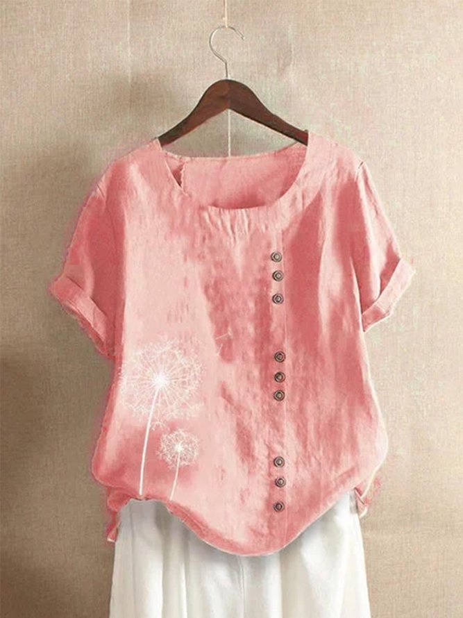 vintage-crew-neck-print-flower-short-sleeve-button-t-shirt-img-show