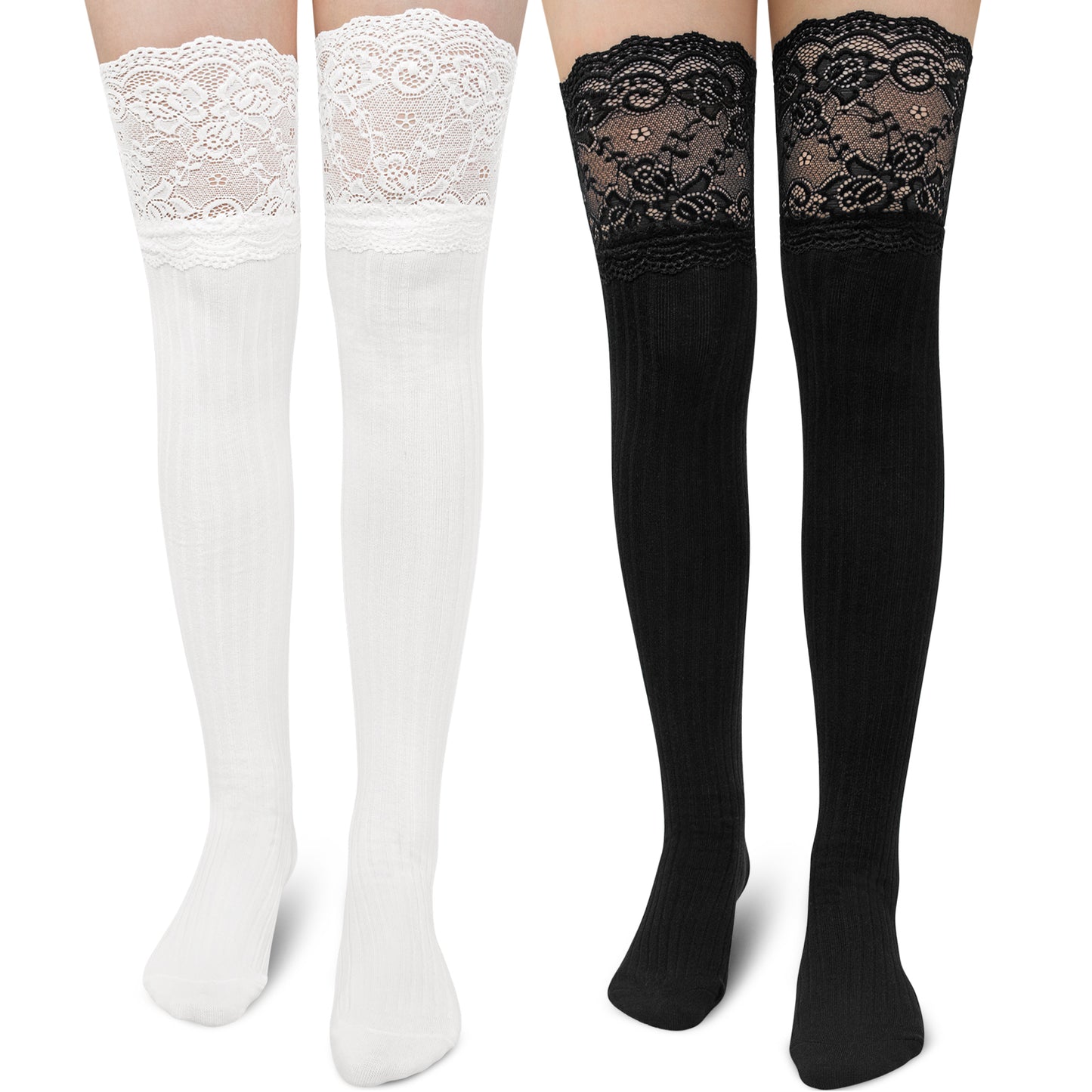 Loritta 2 Pairs Womens Thigh High Socks Knee Socks Cotton Knitted Lace Trim