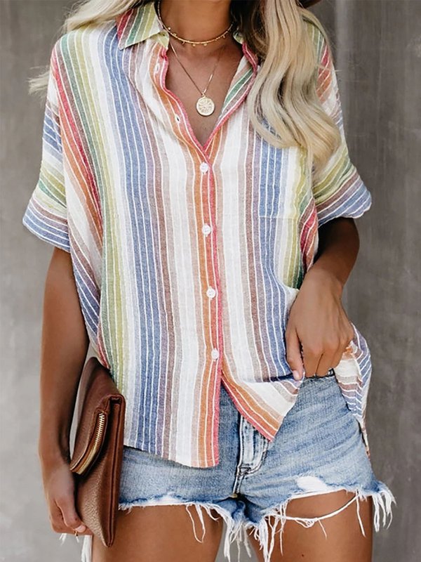 Casual Striped Short Sleeve V Neck Tops-Tops-Blouses & Shirts