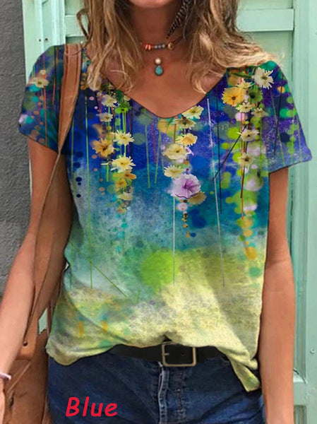 Colorful Flower Painting V Neck Short Sleeve T-Shirts