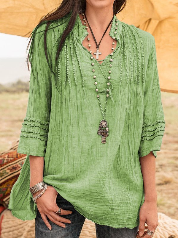 Boho Stand Collar Linen 3/4 Sleeve Guipure Lace Shirts & Blouses-Tops-Blouses & Shirts