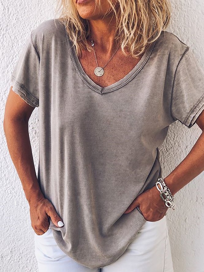 Short Sleeve Paneled Cotton V Neck Casual T-Shirts