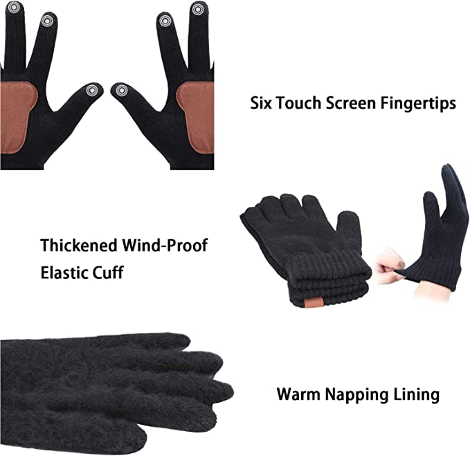 Loritta Men & Women Winter Knit Hat Beanie Long Scarf Touchscreen Gloves Set Skull Cap Neck Warmer Gloves Set with Fleece Lined