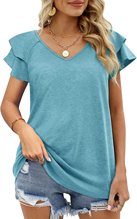 Womens Summer Tops Ruffle Short Sleeve V Neck T-Shirts