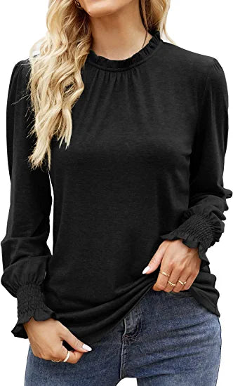 Loritta Long Sleeve Fall Blouses for Women Neck Ruffle Puff Sleeve Work Casual Loose Tops