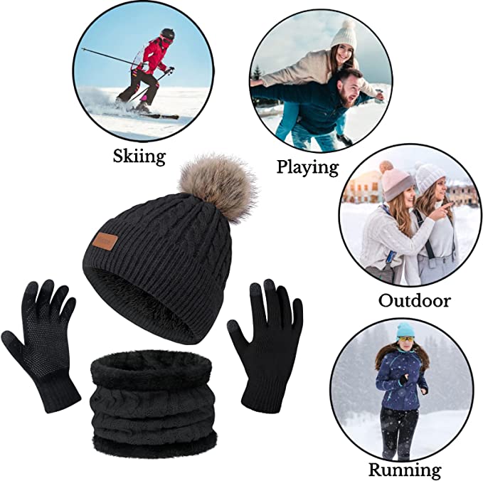 Loritta 3 in 1 Winter Hat Scarf Glove Set for Women, Warm Fleece Lined Knit Beanie Hat Touchscreen Gloves and Neck Warmer