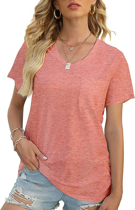 Loritta Women Flowy Tshirt Rounded U Neck Summer T Shirt Short Sleeve Pocket Loose Top