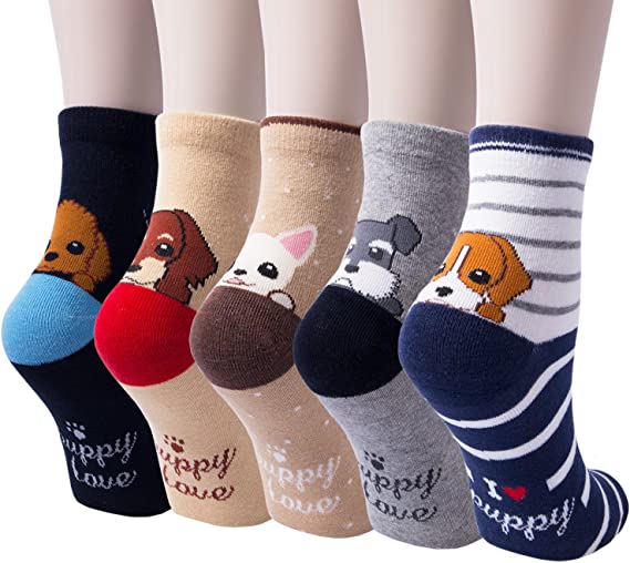 Loritta Cute Socks Womens Dog Cat Novelty Animal Socks for Girl Cartoon Cotton Casual Crew Funny Socks 5 Pairs