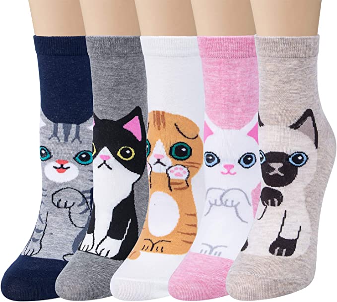 Loritta Cute Animal Socks for Women 5 Pairs, Funny Dog Socks and Cool 100% Cotton Art Painting Cat Socks Women