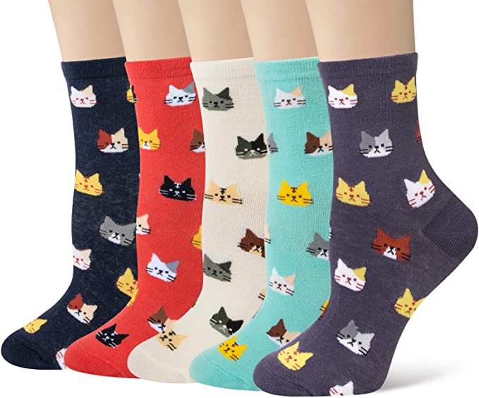 Loritta Cute Animal Socks for Women 5 Pairs, Funny Dog Socks and Cool 100% Cotton Art Painting Cat Socks Women