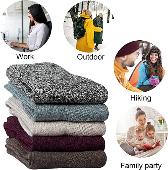 Pack of 5 Womens Winter Socks Warm Thick Knit Wool Soft Vintage Casual Crew Socks