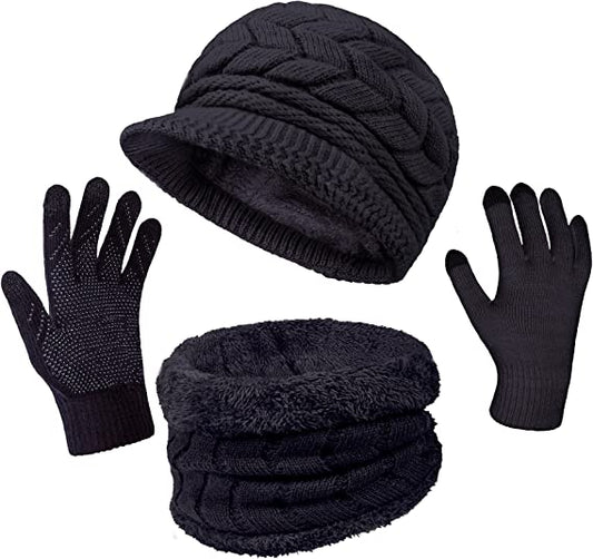 Loritta 3 Pieces Winter Hat Gloves Scarf Set, Knit Warm Beanie Hat Neck Warmer Touch Screen Mittens for Women