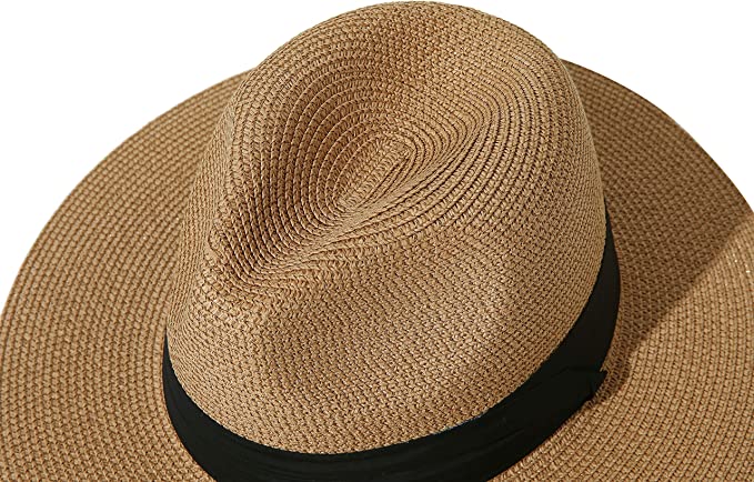 Women Wide Brim Straw Panama Roll up Hat Belt Buckle Fedora Beach Sun Hat UPF50+