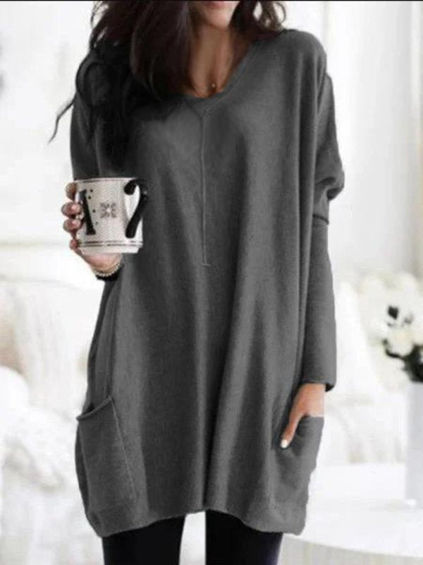 Casual Plus Size Pockets Long Sleeve Solid Tops-Tops-Sweatshirts