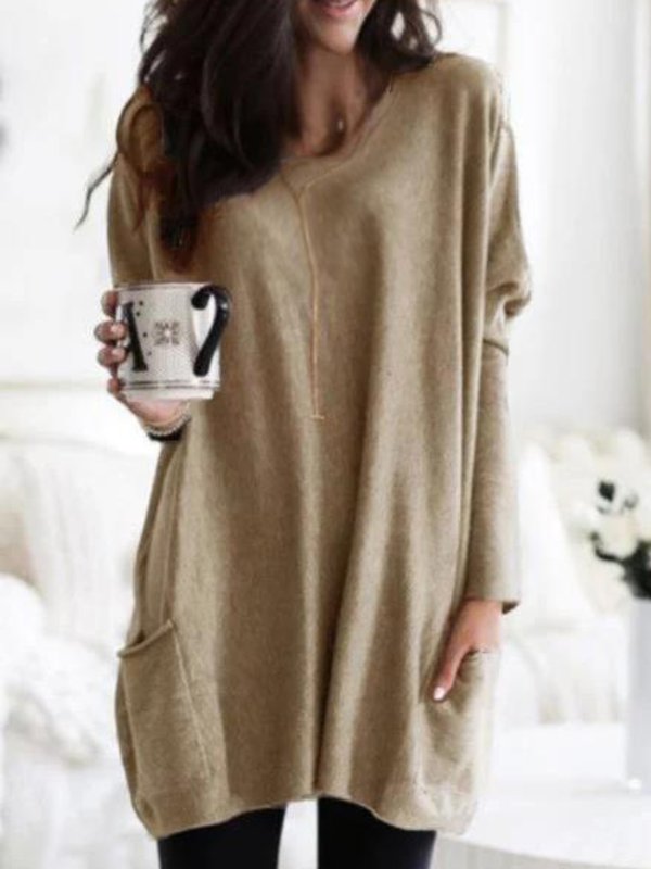 Casual Plus Size Pockets Long Sleeve Solid Tops-Tops-Sweatshirts