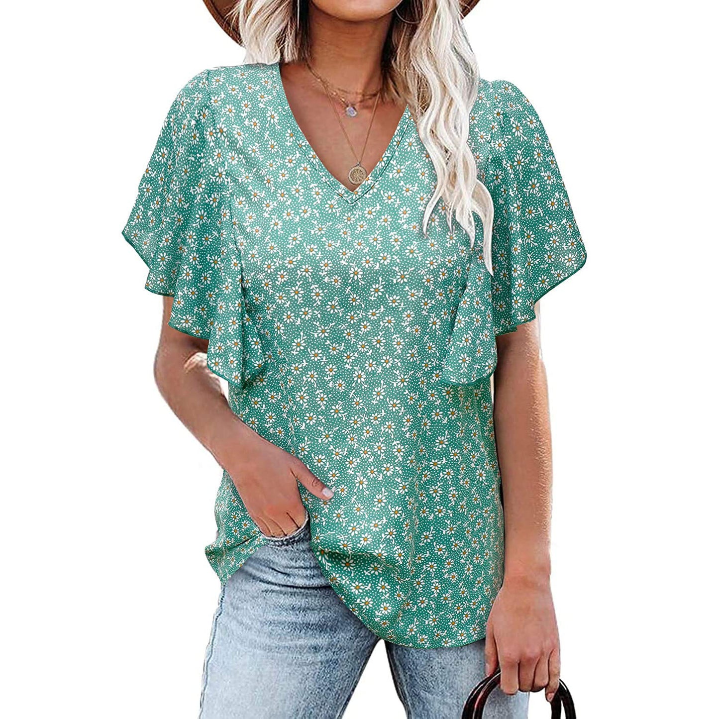 New V-neck floral pleated shirt casual short-sleeved tunic top for women