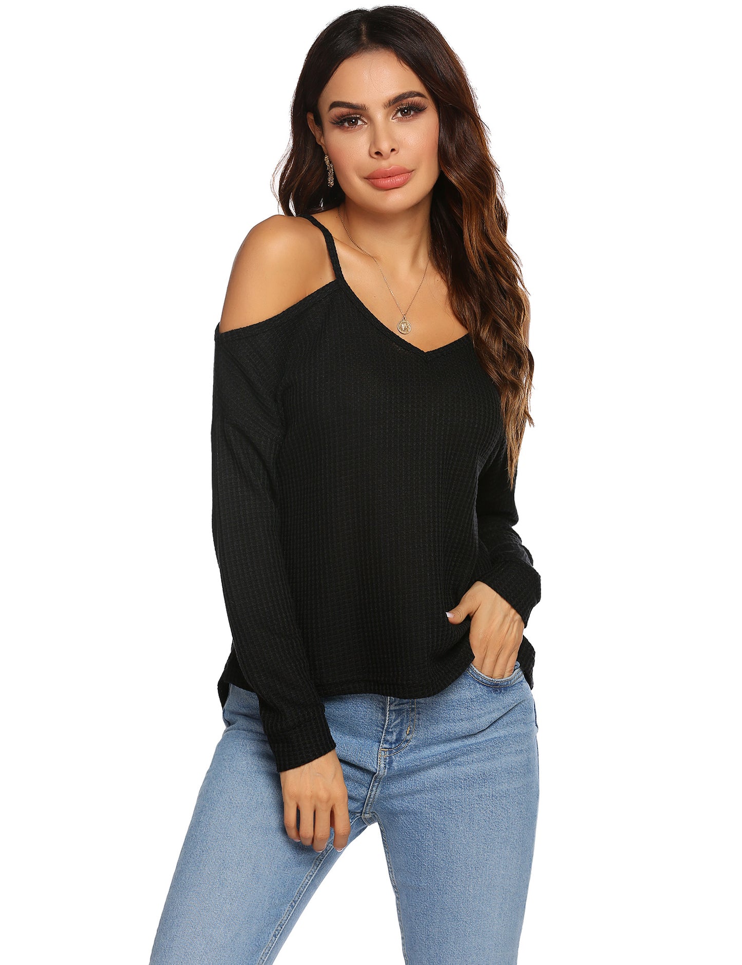 Women's off-shoulder V-neck long-sleeved T-shirt