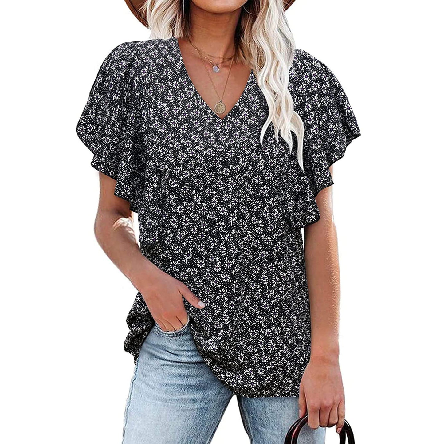 New V-neck floral pleated shirt casual short-sleeved tunic top for women