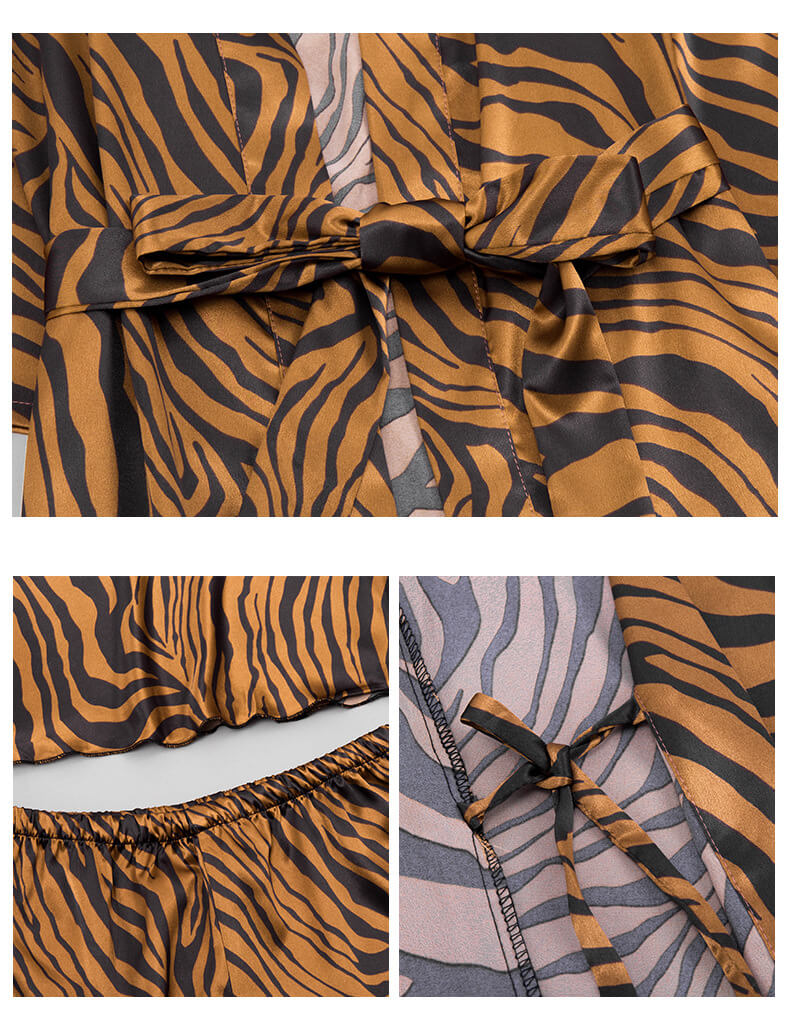 Women Robes and Camisole 3-Piece Set Soft Silk Like Leopard Print loungewear