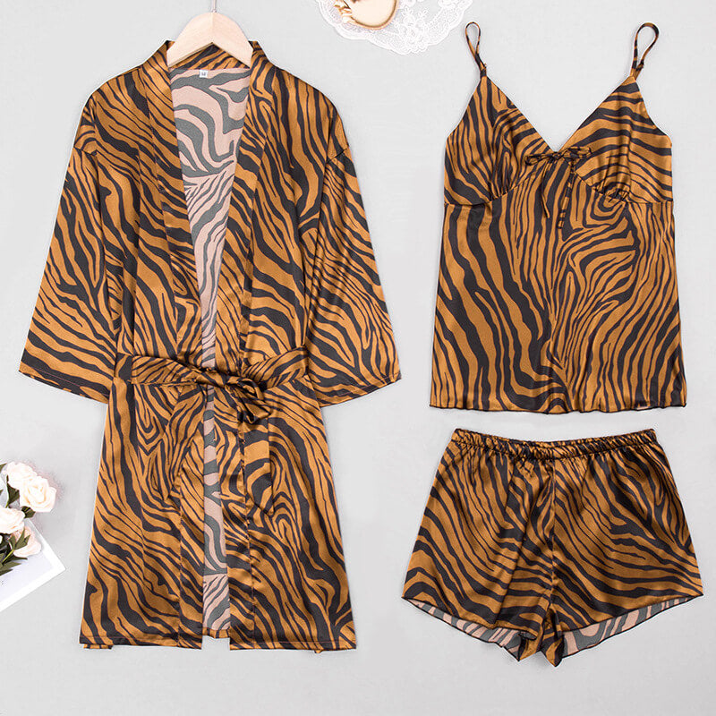 Women Robes and Camisole 3-Piece Set Soft Silk Like Leopard Print loungewear