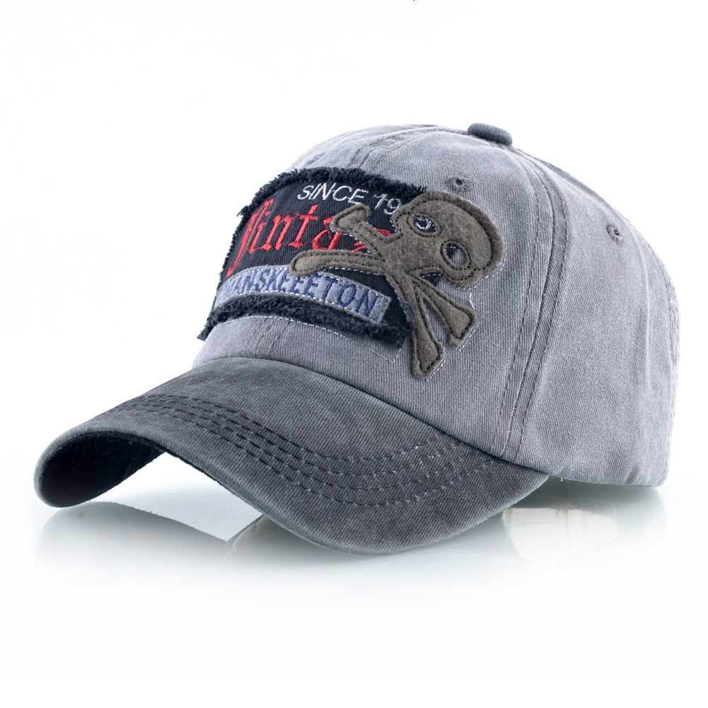 Embroidery Hat Color Matching Washed Denim Vintage Baseball Cap Skull Outdoor Sports Curved Eaves - Loritta