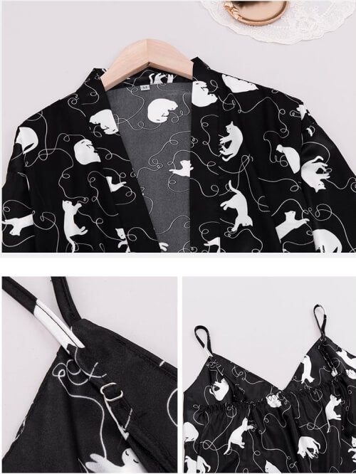 Women Robes and Camisole 3-Piece Set Soft Silk Like Loungewear with Cute Animal Printed