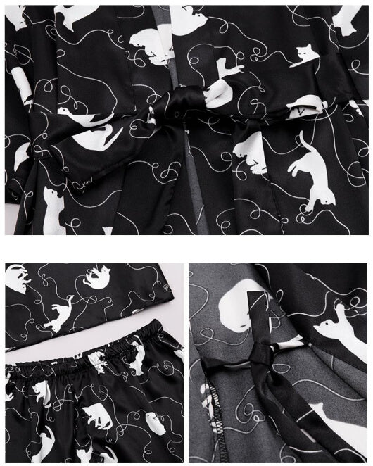 Women Robes and Camisole 3-Piece Set Soft Silk Like Loungewear with Cute Animal Printed