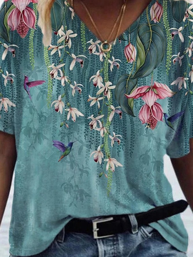 colorful-flower-painting-casual-shift-short-sleeve-t-shirts-img-show