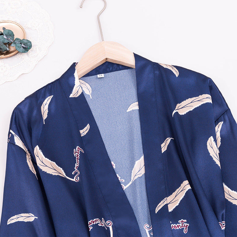 Women Robes and Camisole 4-Piece Set Soft Silk Like Loungewear with Feather Printed