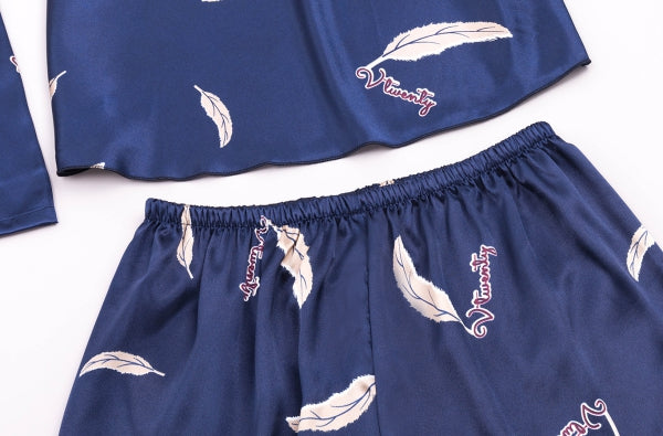 Women Robes and Camisole 4-Piece Set Soft Silk Like Loungewear with Feather Printed