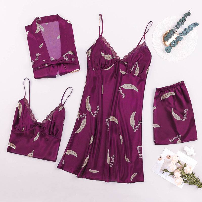 Women Robes and Camisole 4-Piece Set Soft Silk Like Loungewear with Feather Printed