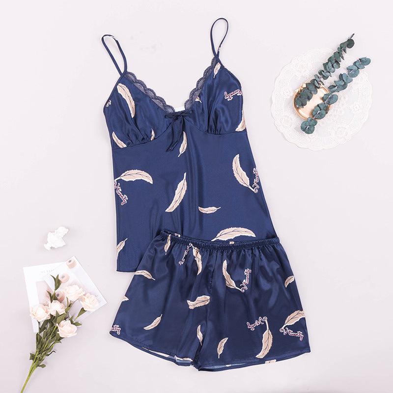 Women Robes and Camisole 4-Piece Set Soft Silk Like Loungewear with Feather Printed