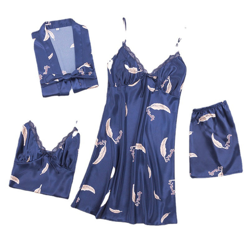 Women Robes and Camisole 4-Piece Set Soft Silk Like Loungewear with Feather Printed