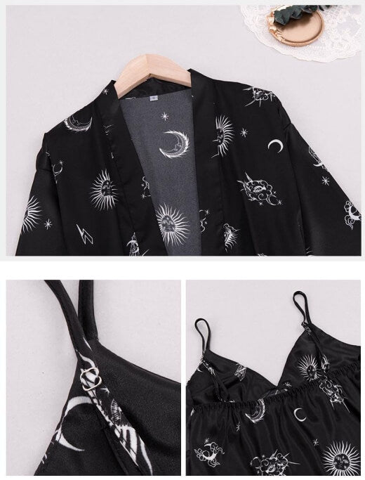 Women Robes and Camisole 3-Piece Set Soft Silk Like Loungewear with Sun Moon Printed