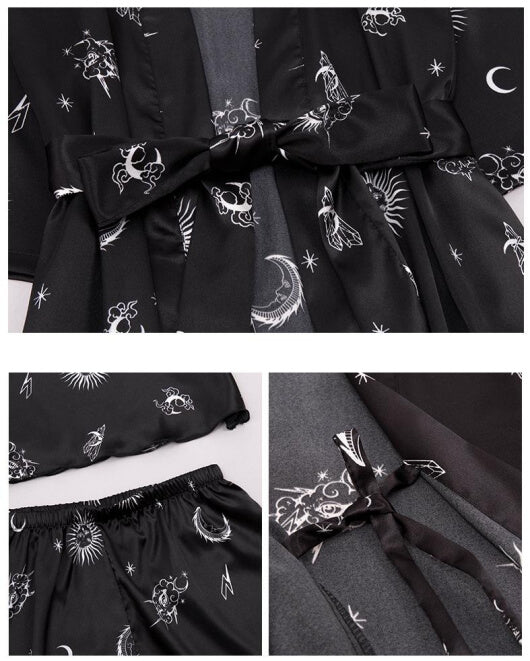 Women Robes and Camisole 3-Piece Set Soft Silk Like Loungewear with Sun Moon Printed