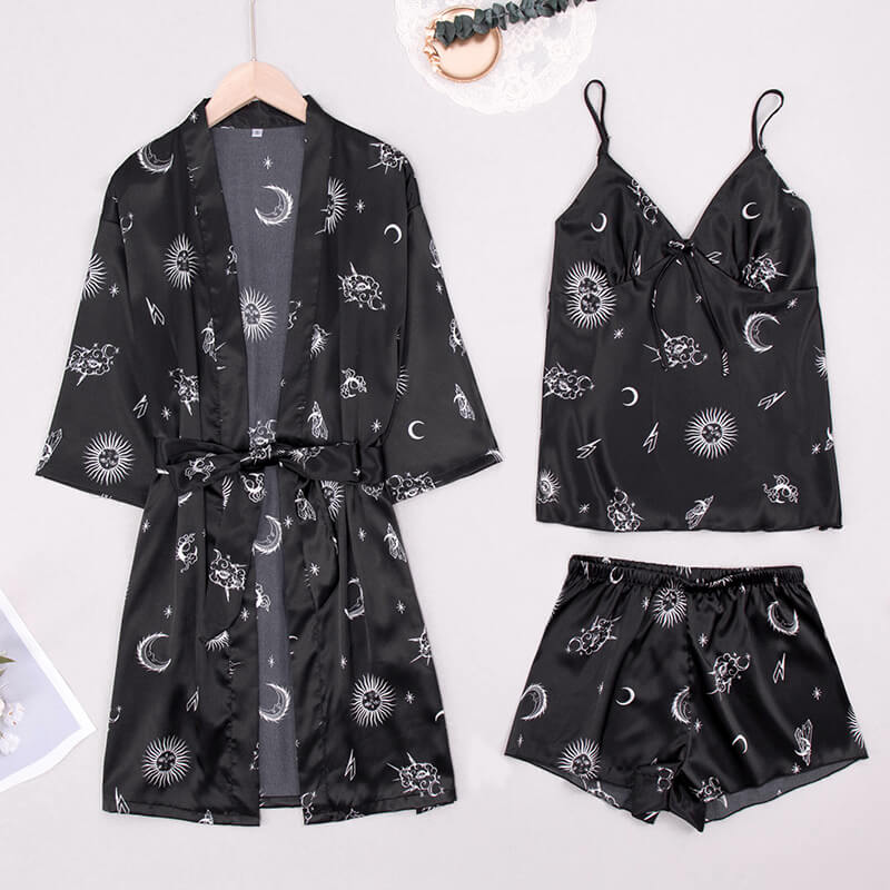 Women Robes and Camisole 3-Piece Set Soft Silk Like Loungewear with Sun Moon Printed