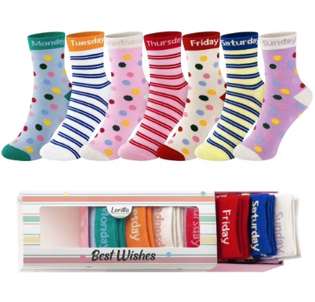 Loritta 7 Days Girl Socks with Gift Box Set Fun Cute Children Crew Socks Cotton 7Pairs