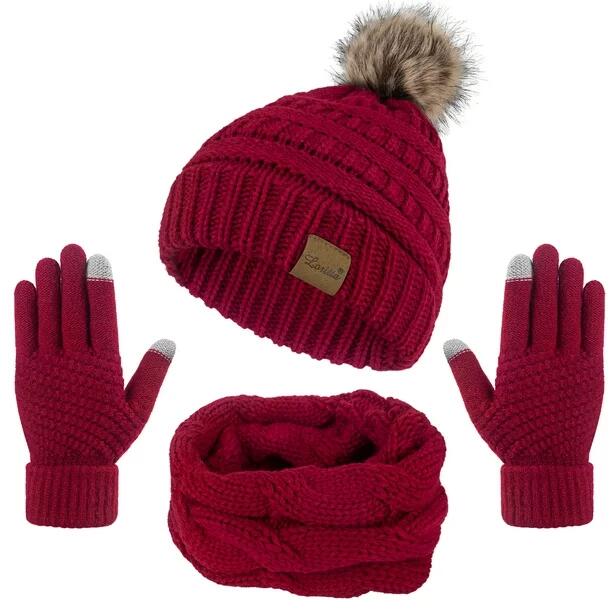 Loritta Women's Winter Warm Sets Knitted Fur Pompoms Beanie Hat Circle Loop Scarf Touch Screen Gloves Winter Favor Accessories