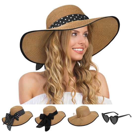 Loritta Women Sun Hat，Wide Brim Sun Hats Floppy Straw Hat with Heart Shape Glasses