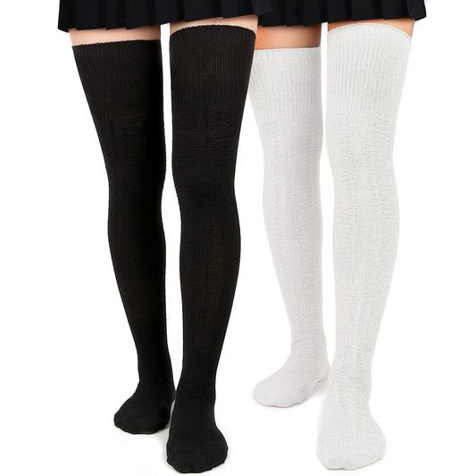 Loritta 2 Pairs Women Thigh High Socks Extra Long Cotton Knit Warm Thick Tall Long Boot Stockings Leg Warmers