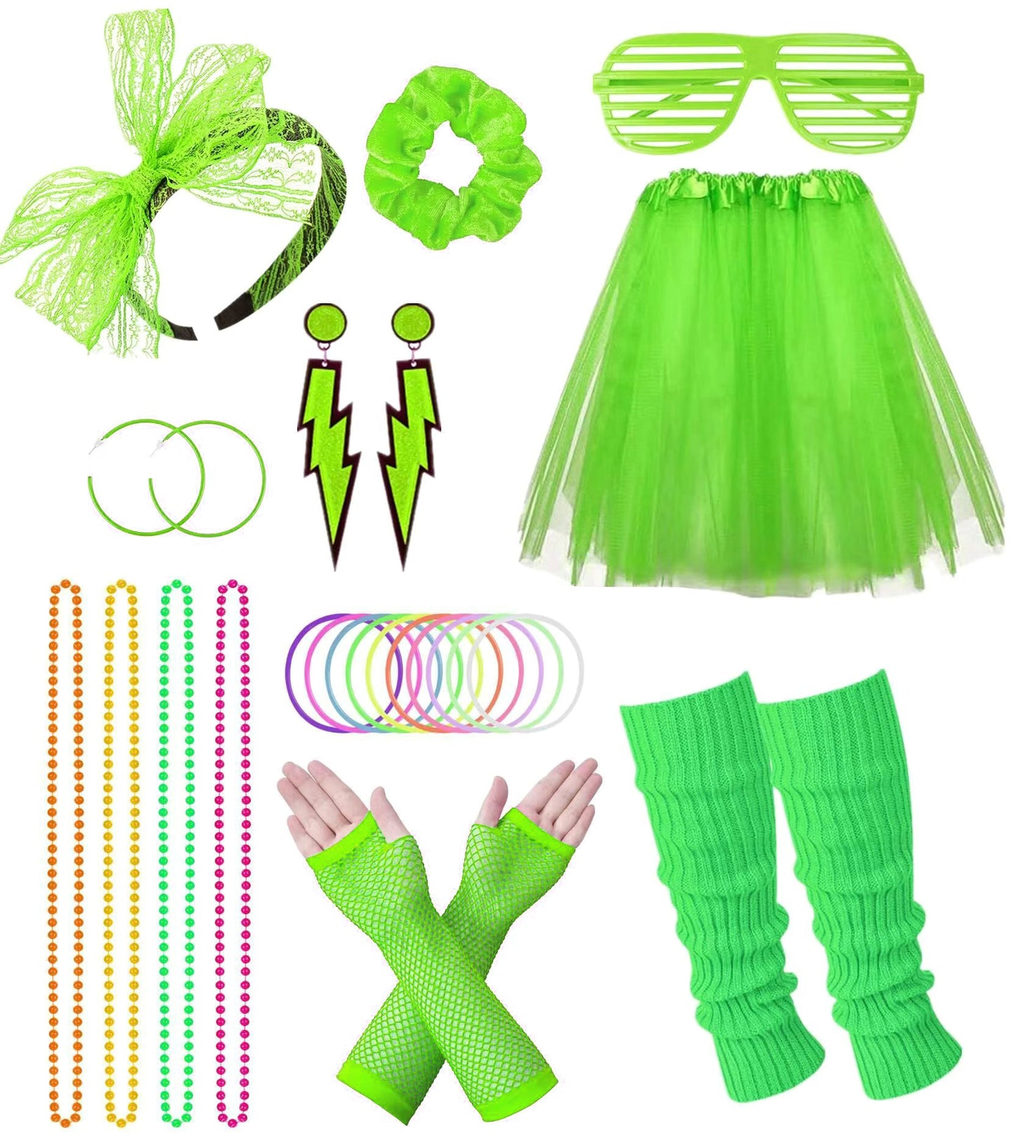 Loritta Women 80s Neon Costume Set Outfit Accessories Set Earrings Fishnet Gloves Leg Warmers Necklace Bracelet Headband