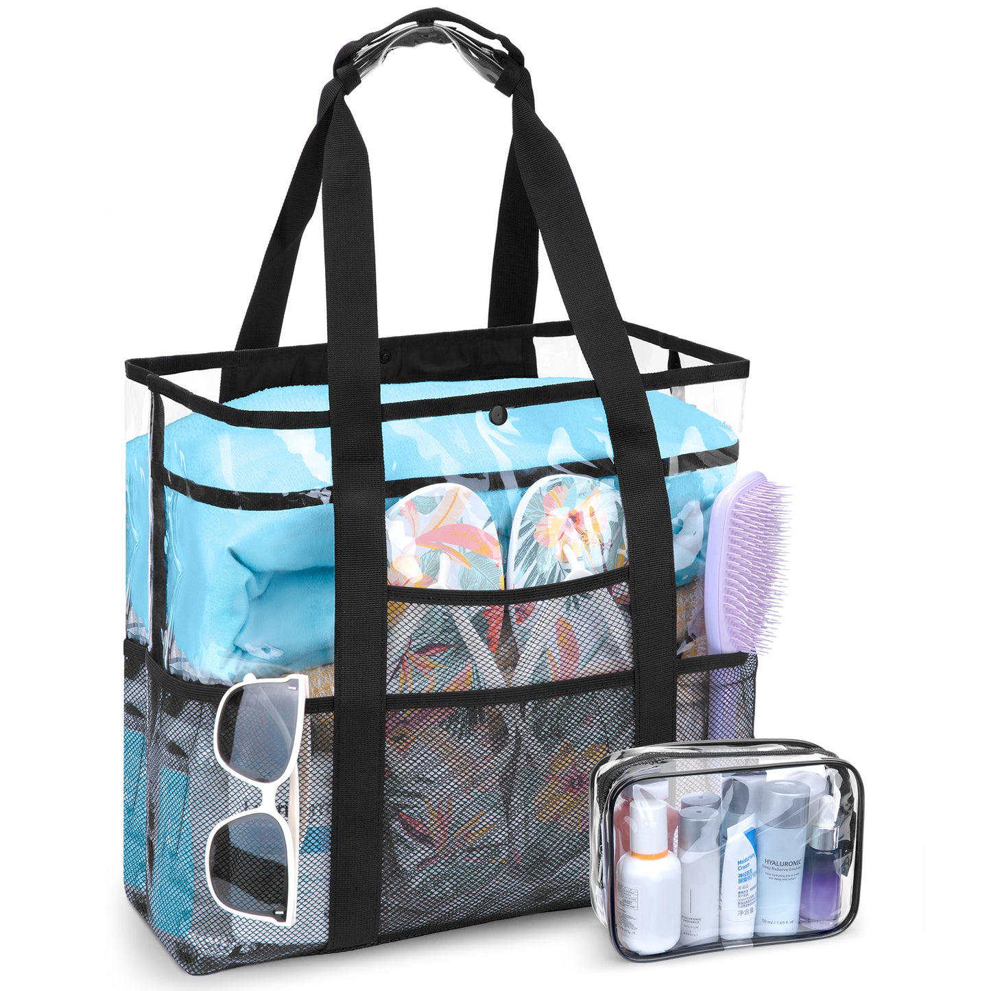KOITHOT Beach Bag for Women, Clear Tote Mesh with 10 Pockets and Makeup Bags Waterproof Foldable for Summer Travel Pool Gift