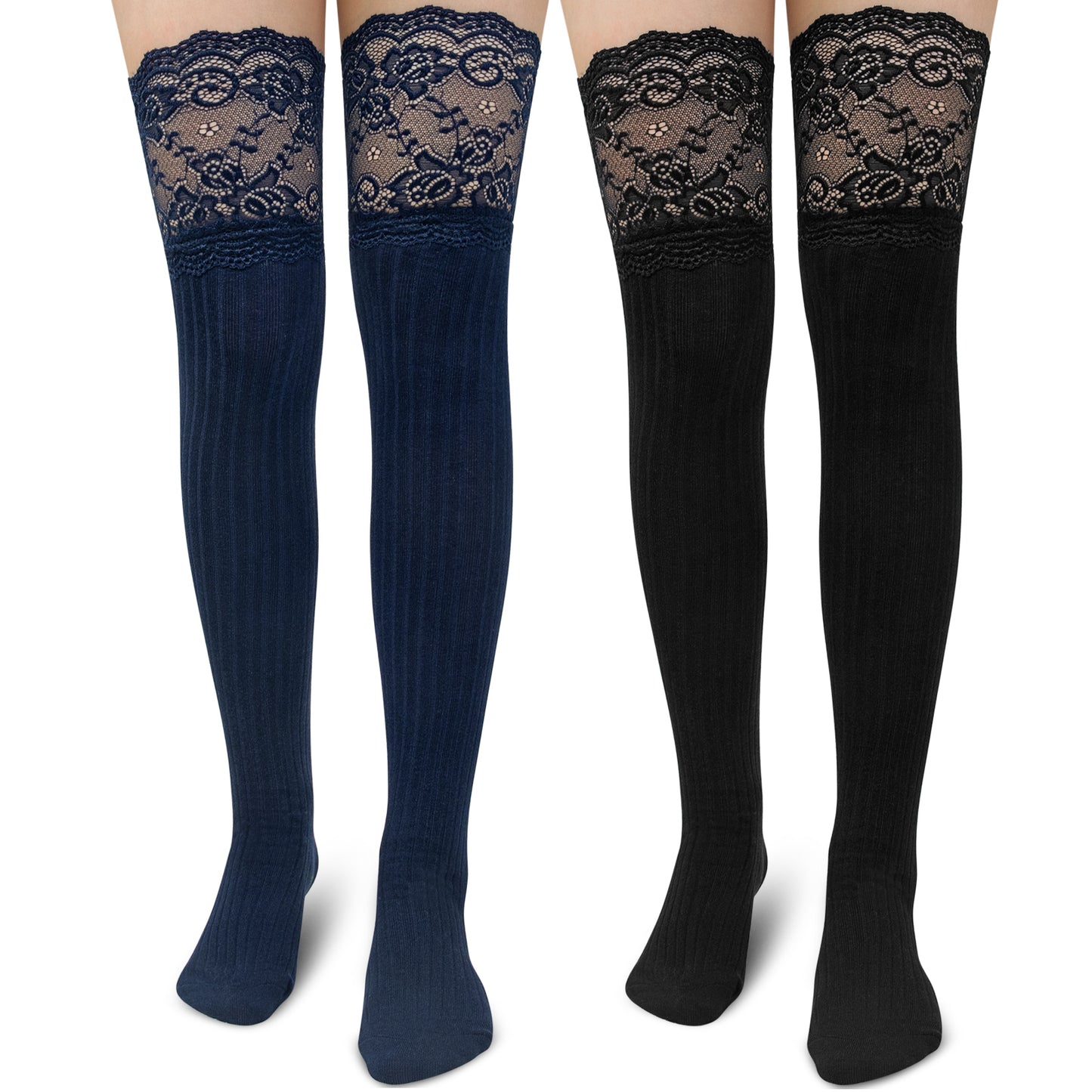 Loritta 2 Pairs Womens Thigh High Socks Knee Socks Cotton Knitted Lace Trim