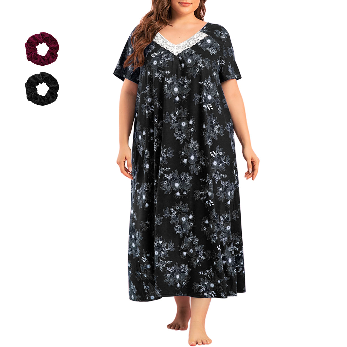 Loritta Plus Size Womens Nightgowns Soft V-neck Sleep Shirt Short Sleeve Nightshirt Floral Print Sleepwear, with Two Scrunchies