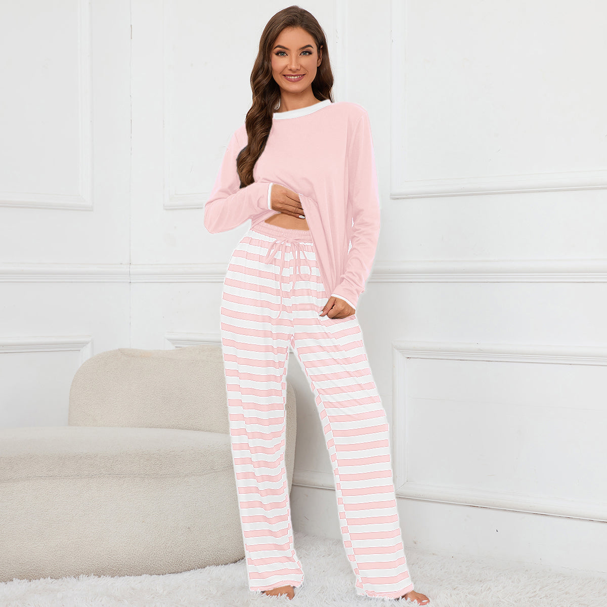 Loritta Lounge Set Womens 2 Piece Outfits Short Sleeve Round Neck Pjs Sleepwear Striped Pants S-2XL