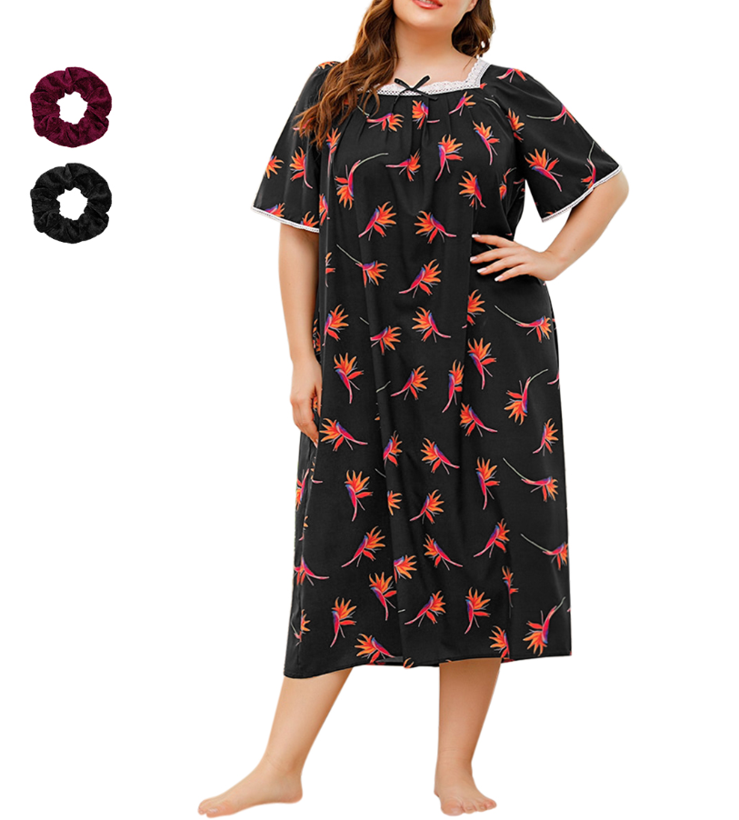 Loritta Plus Size Womens Nightgowns Soft V-neck Sleep Shirt Short Sleeve Nightshirt Floral Print Sleepwear, with Two Scrunchies