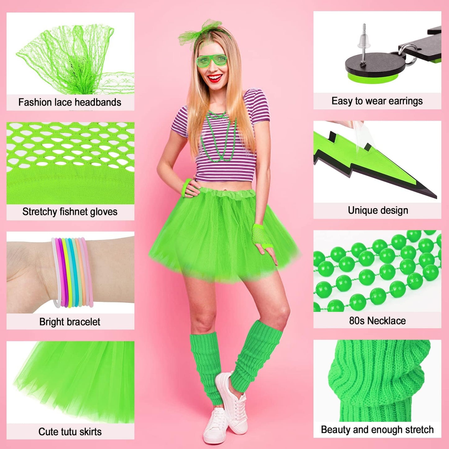 Loritta Women 80s Neon Costume Set Outfit Accessories Set Earrings Fishnet Gloves Leg Warmers Necklace Bracelet Headband