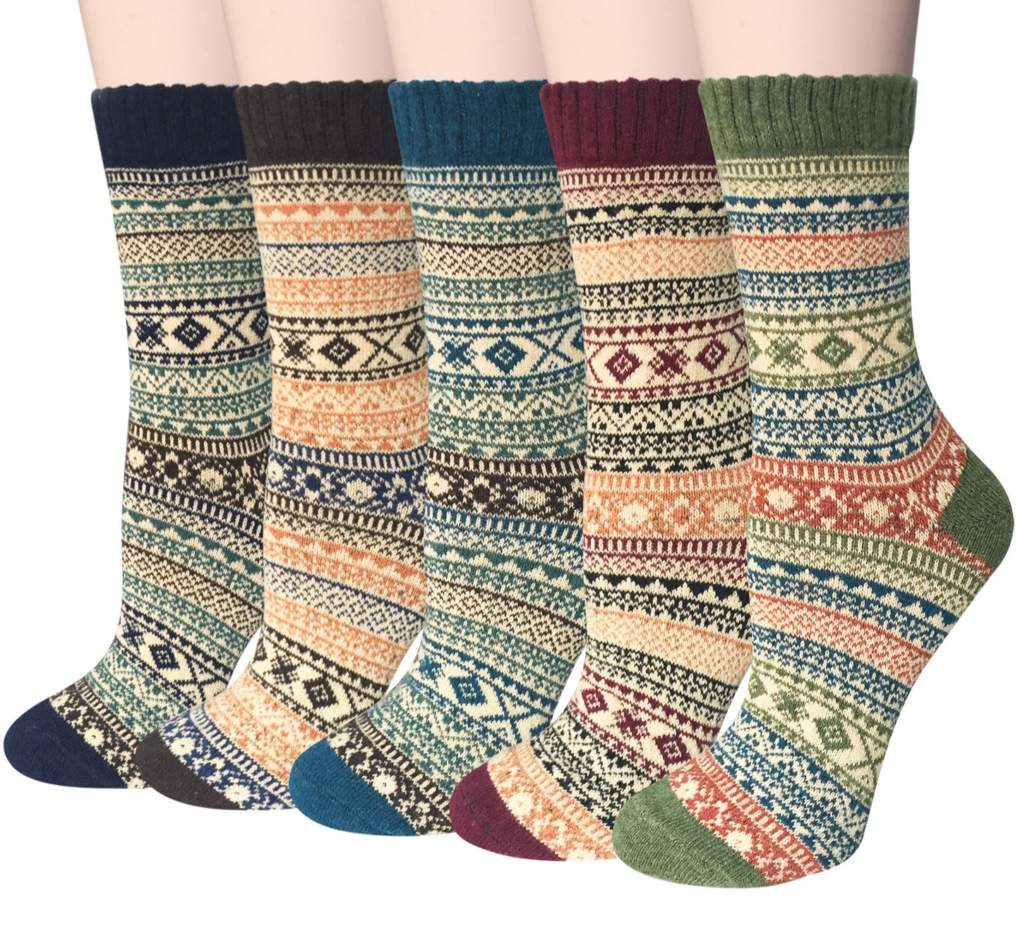 Pack of 5 Womens Winter Socks Warm Thick Knit Wool Soft Vintage Casual Crew Socks Gifts,C-nordic Style，Large